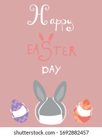 Feliz Pascua. Conejo con mascarilla médica. Huevos coloreados. Grabado de primavera. Fiesta religiosa.Tarjeta de felicitación.
