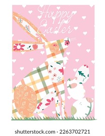 Happy Easter. The rabbit is multicolored. Collage, painted eggs. Pink background with white hearts