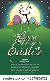 Happy Easter. Rabbit and easter painted eggs on the background of the moon. Pattern for greeting card, banner, poster, flyer, ad, invitation. Vector illustration