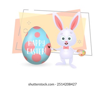 Happy Easter rabbit painting egg. Drawing, creativity, bunny. Can be used for topics like holiday, symbol, art