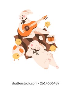 Happy Easter rabbit plays the guitar and sings song on picnic. Cute paschal bunny is lying and listens to music at nature. Hares relax outdoors. Flat isolated vector illustration on white background