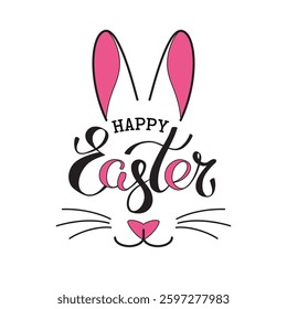 Happy Easter rabbit poster lettering. Easter bunny ears. Handwritten typography logo of a cute rabbit. Hand drawn funny bunny. Postal greeting card. Vector illustration