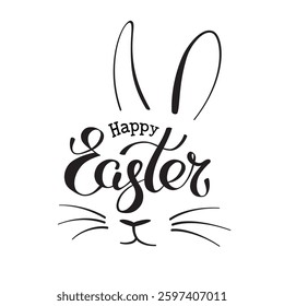 Happy Easter rabbit poster lettering. Easter bunny ears. Handwritten typography logo of cute bunny face. Hand drawn funny bunny. Postal greeting card. Vector illustration