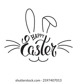 Happy Easter rabbit poster lettering. Easter bunny ears. Handwritten typography logo of cute bunny face. Hand drawn funny bunny. Postal greeting card. Vector illustration