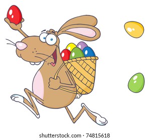 Happy Easter Rabbit Running With A Basket And Egg