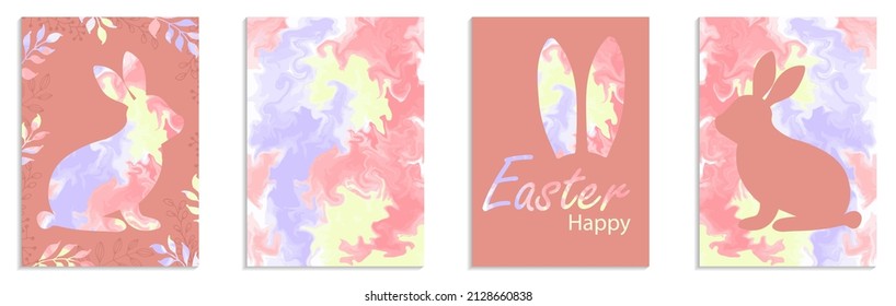Happy Easter. Rabbit silhouette marble pattern. Set of cards for banner, greeting cards, invitations. Festive a4 template. Vector illustration.