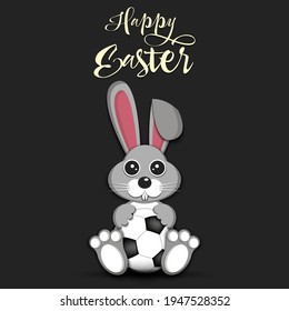 Happy Easter. Easter Rabbit with soccer ball on an isolated background. Pattern for greeting card, banner, poster, invitation. Vector illustration