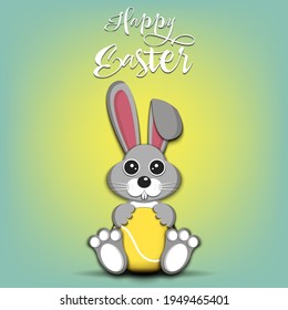 Happy Easter. Easter Rabbit with tennis ball on an isolated background. Pattern for greeting card, banner, poster, invitation. Vector illustration