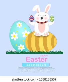 Happy Easter, the rabbit that is sitting on the egg and his hands are holding eggs Vector illustration 