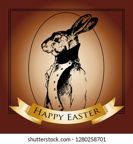 Happy Easter rabbit. vintage black contour Easter bunnies willow with egg illustration composition for menu, invitation, email, banner, poster, party, event - stock vector.