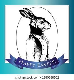 Happy Easter rabbit. vintage black contour Easter bunnies willow with egg illustration composition for menu, invitation, email, banner, poster, party, event - stock vector.
