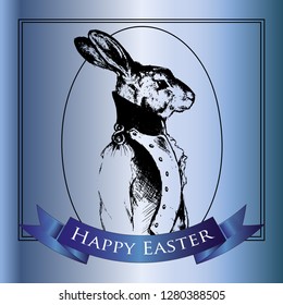 Happy Easter rabbit. vintage black contour Easter bunnies willow with egg illustration composition for menu, invitation, email, banner, poster, party, event - stock vector.