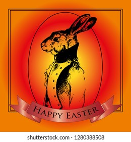 Happy Easter rabbit. vintage black contour Easter bunnies willow with egg illustration composition for menu, invitation, email, banner, poster, party, event - stock vector.