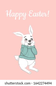 Happy Easter rabbit, white cute Bunny. Vector illustration on pink background. Perfect for gift card design, web sites, print on fabtic, textile