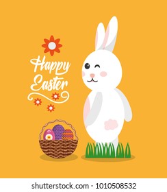 happy easter rabbit wink gesture with basket eggs