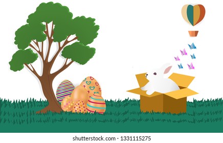 Happy Easter with rabbits being out of the box and colorful eggs. Paper art style, vector images - vector