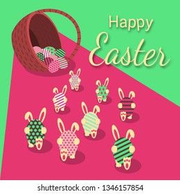 Happy Easter. Rabbits carry eggs from the basket. Vector illustration.