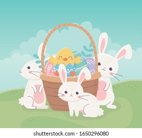 Osterkaninchen-Hähnchen in Körbchen mit Eiern auf Gras-Vektorillustration