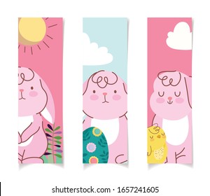 happy easter rabbits chicken eggs sun cloud nature banners vector illustration