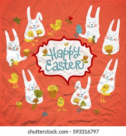 Happy easter rabbits with chickens flowers carrots and eggs on red crumpled paper background doodle vector illustration
