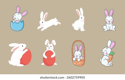 happy easter rabbits with colorful eggs