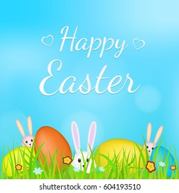 Happy Easter. Rabbits and colorful eggs in grass.