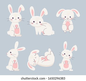 happy easter rabbits different poses cartoon characters vector illustration