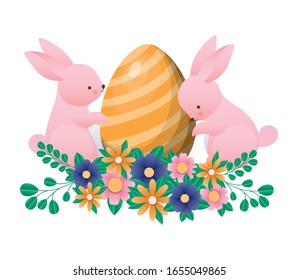 Happy easter rabbits with egg flowers and leaves design, Spring decoration holiday greeting ornament celebration festive season tradition and festival theme Vector illustration