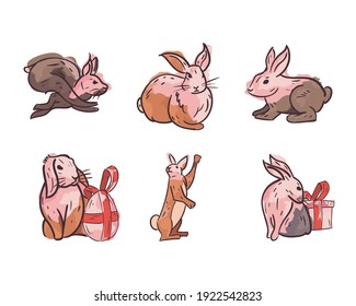 Happy easter rabbits with egg and gift design, Spring decoration holiday and season theme Vector illustration