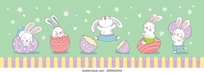 Happy Easter. Rabbits and eggs for your design on a mint background.