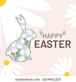 Happy Easter. Rabbits and flowers. Modern style design, pastel colors. Vector illustration