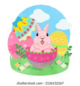Happy Easter with rabbits flying from eggs