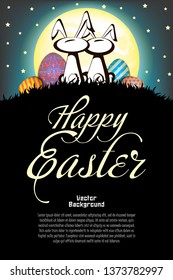 Happy Easter. Rabbits and easter painted eggs on the background of the moon. Pattern for greeting card, banner, poster, flyer, ad, invitation. Vector illustration