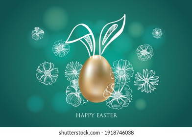 Happy Easter. Rabbits's ears, Gold eggs. Hand drawn style.	