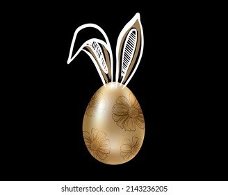 Feliz Pascua. Las orejas de los conejos. Huevos de oro. Ilustración dibujada a mano.	
