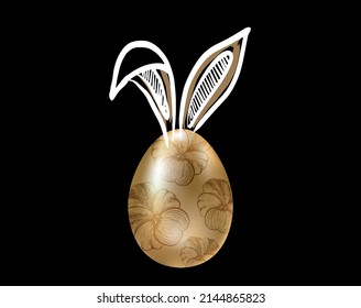 Happy Easter. Rabbits's ears. Gold eggs. Hand drawn illustration.	
