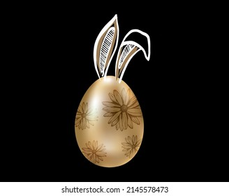 Happy Easter. Rabbits's ears. Gold eggs. Hand drawn illustration.	
