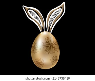 Happy Easter. Rabbits's ears. Gold eggs. Hand drawn illustration.	
