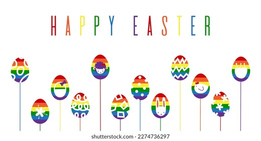 Happy Easter rainbow banner with eggs on sticks and holiday symbols in pride lbgt colors. Abstract modern graphic minimalistic vector flat illustration.