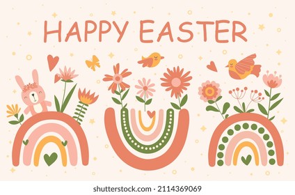 Happy Easter rainbows. Flowers and rabbit. Spring holidays. Religion and traditions. Greeting cards, covers in minimalist style. Graphic elements for website. Cartoon flat vector illustration