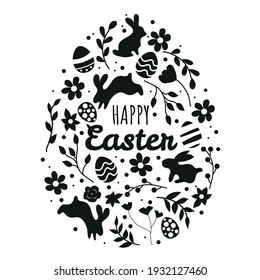 Happy easter. Ready postcard for the holiday. Rabbit, Easter eggs, flowers, pussy willow, mimosa. Spring, a religious holiday. Easter poster and banner template for Easter. Template for promotion.