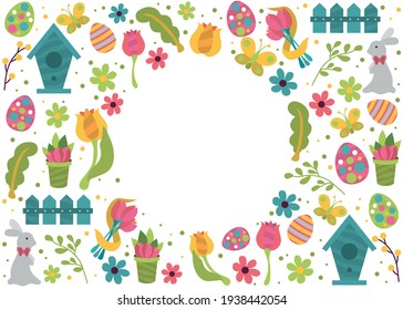 Happy easter. Ready postcard for the holiday. Rabbit, Easter eggs, flowers, pussy willow, mimosa. Spring, a religious holiday. Easter poster and banner template for Easter. Place for signature.