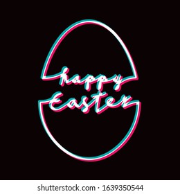 Happy Easter Realistic Anaglyth 3D Stereo Effect Doodle Style Logo and Egg Shape Outline Combined with Lettering - Red Turquoise and White on Black Background - Vector Hand Drawn Design