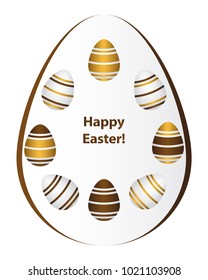 happy Easter.Set of realistic different multicolored eggs, Golden and chocolate,brown strips.The big egg is cut from paper.Spring holiday greeting card template.White background.Vector illustration