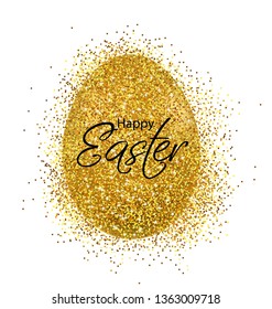 Happy Easter, realistic egg, golden glitter egg card illustration, white background