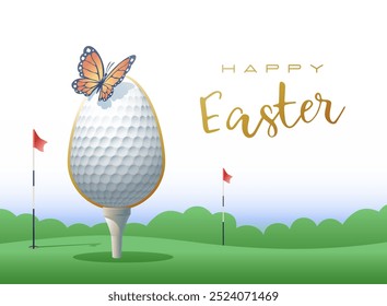 Happy Easter. A realistic Easter egg in the shape of a golf ball and butterfly. Sports greeting card. Vector illustration.