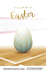 Happy Easter. A realistic Easter egg as a White Volleyball ball. Sports greeting card. Vector illustration.