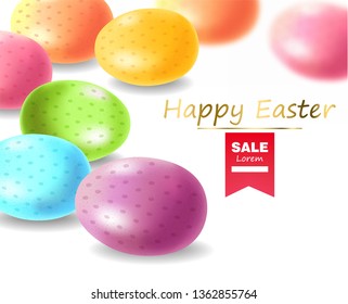 Happy Easter, realistic eggs, colored eggs card illustration