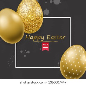 Happy Easter, realistic eggs, golden glitter eggs card illustration, black background