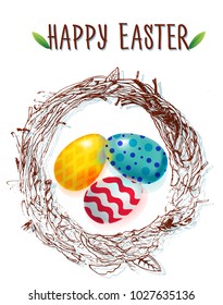 happy Easter, realistic eggs in nest, hand drawing, vector illustration on white background